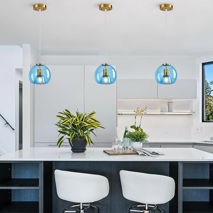 Light Blue Glass Pendant Lights Kitchen Island Gold Hanging Light Fixture Glass Globe Pendant Light Modern Pendant Lighting for Kitchen Island Bedroom Dining Room (7.87", B Style-2 Pack)