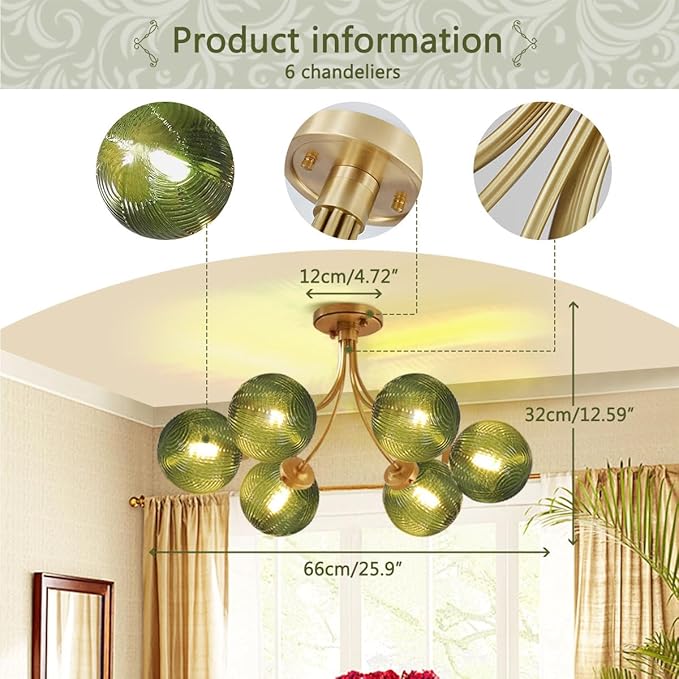 Green Glass Flush Mount Ceiling Lights Fixture 6-Light Gold Mid Century Modern Chandelier Green Hand Blown Glass Chandelier Vintage Pendant Light for Bedroom Living Dining Room