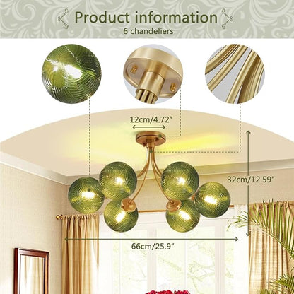 Green Glass Flush Mount Ceiling Lights Fixture 6-Light Gold Mid Century Modern Chandelier Green Hand Blown Glass Chandelier Vintage Pendant Light for Bedroom Living Dining Room