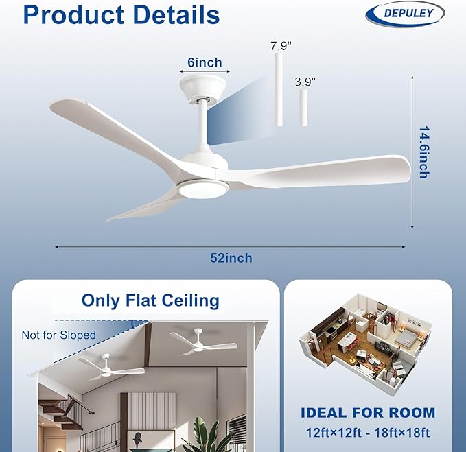 Depuley Ceiling Fan with Light and Remote: 52 Inch White 3 Blade Outdoor Fans for Patios - Dimmable Indoor Fan with Remote Control Fandelier Ceiling FansUltra Quiet DC Motor Reversible 6 Speed Timer
