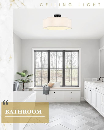 Black Semi Flush Mount Ceiling Lights, 6-Light 18Inch Ceiling Light Fixtures with Fabric Drum Shade in Flower Shape for Nursery Bedroom Kitchen, AD-22007-6SF-BK