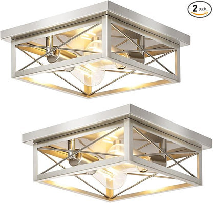 Brushed Nickle Hallway Light Fixtures, 2-Light Modern Farmhouse Flush Mount Ceiling Lights, 2-Pack Chrome Kitchen Light Fixtures, Square Close to Ceiling Lights for Bedroom Living Room Entryway