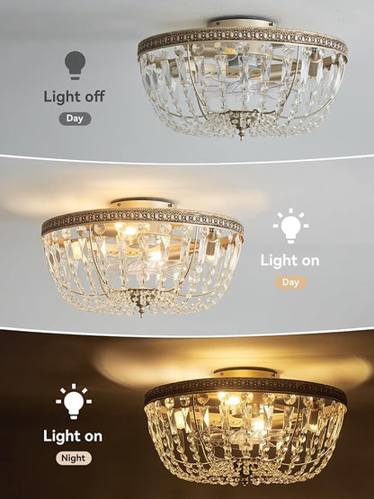 20" Flush Mount Fandelier Ceiling Fan with Light, Crystal Gold Fandelier Ceiling Fan with Light Remote Control, Vintage French Country Caged with 6 Speeds for Bedroom, Living Room, Foyer, Nursery
