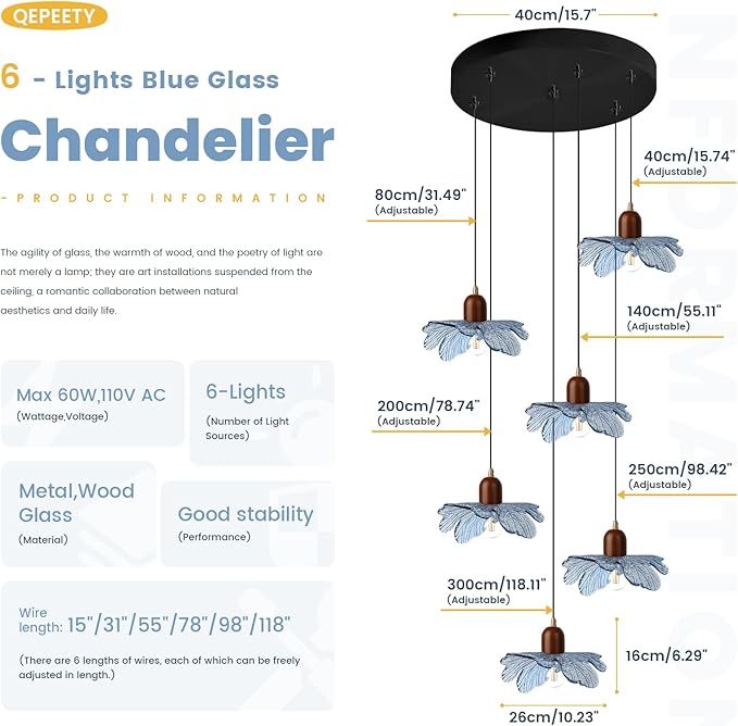 6-Light Blue Glass Flower Chandelier, Adjustable Height Staircase Pendant Light, Modern Mid Century Floral Hanging Ceiling Fixture for Living Room Dining Room Foyer Entryway