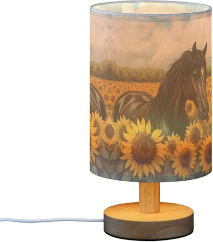 Horse in Sunflower Field Table Lamp with Wood Base Fabric Lamp Shade Bedside Nightstand Desk Lamp for Living Room Bedroom Kids Room Office