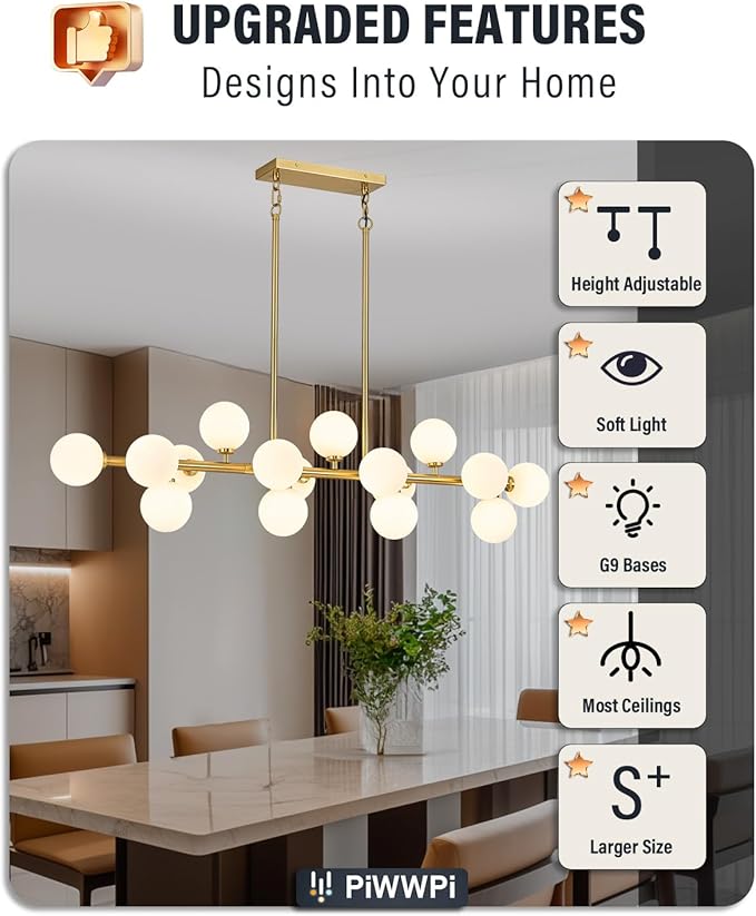 55" Long Brass Gold Chandeliers for Dining Room Kitchen Island, Large Globe Sputnik Linear Chandelier, 16 Lights Mid Century Modern Light Fixture Over Table, Milk White Bubble, GC-08