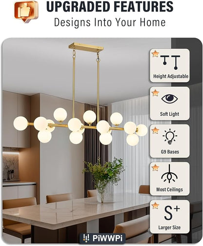 55" Long Brass Gold Chandeliers for Dining Room Kitchen Island, Large Globe Sputnik Linear Chandelier, 16 Lights Mid Century Modern Light Fixture Over Table, Milk White Bubble, GC-08