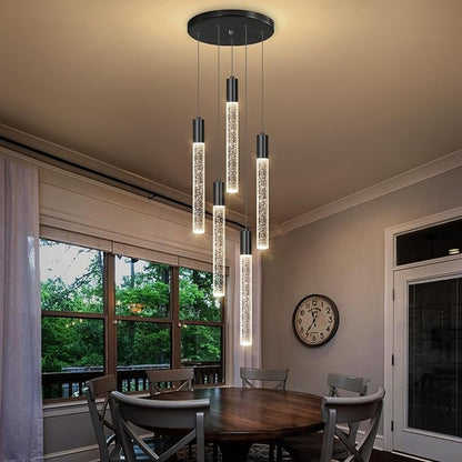 HAIXIANG 5-Lights Chandelier Modern Crystal Glam Light Remote Dimmable Pendant Lighting for Kitchen Island Dining Room Matte Black Light