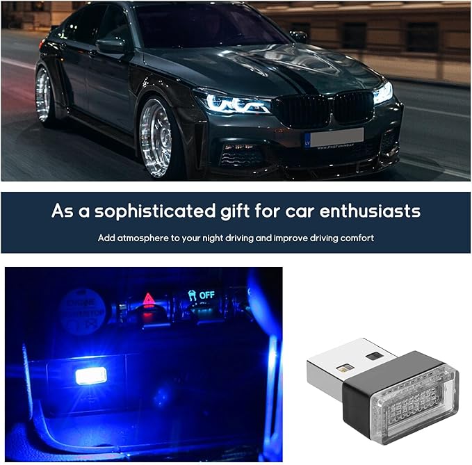 Dickno 4 PCS USB LED Car Interior Atmosphere Lamp, Portable Mini LED Night Light, Plug-in USB Interface Trunk Ambient Lighting Kit, Universal Vehicle Interior Accessories (Blue)