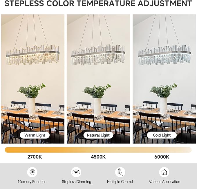 Nickel Led Modern Crystal Chandelier: 39.3" Rectangle Linear 3 Color Dimmable Chandeliers for Dining Room Over Table - Luxury Rectangular Contemporary Oval Light Fixture for Living Room Bedroom Foyer