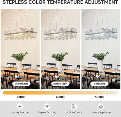 Nickel Led Modern Crystal Chandelier: 39.3" Rectangle Linear 3 Color Dimmable Chandeliers for Dining Room Over Table - Luxury Rectangular Contemporary Oval Light Fixture for Living Room Bedroom Foyer