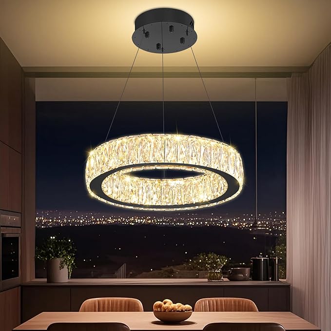 Modern LED Dimmable Crystal Chandelier 15.7in Black Ring Pendant Light Adjustable Round Crystal Chandelier Light for Dining Room Living Room