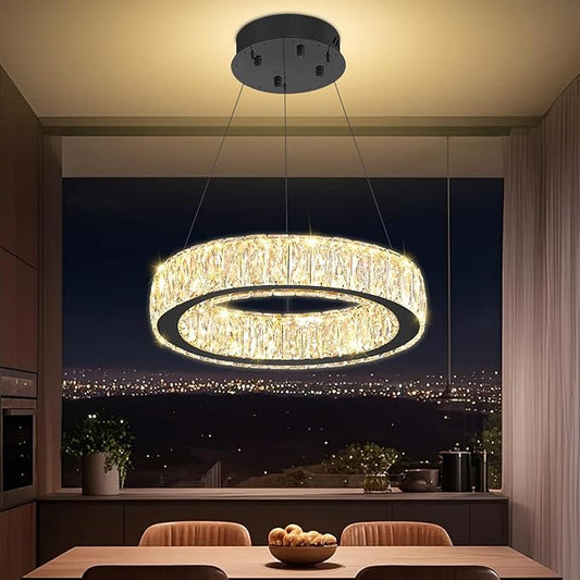 Modern LED Dimmable Crystal Chandelier 15.7in Black Ring Pendant Light Adjustable Round Crystal Chandelier Light for Dining Room Living Room