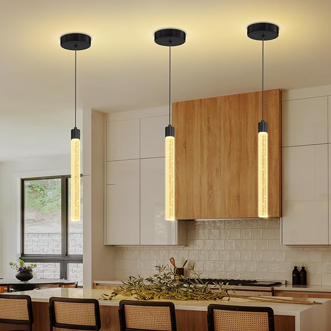 Modern Mini Crystal Pendant Light for Kitchen Island Dimmable LED Adjustable Crystal Column Chandelier Lighting Hanging Pendant Lighting 1 Light Black