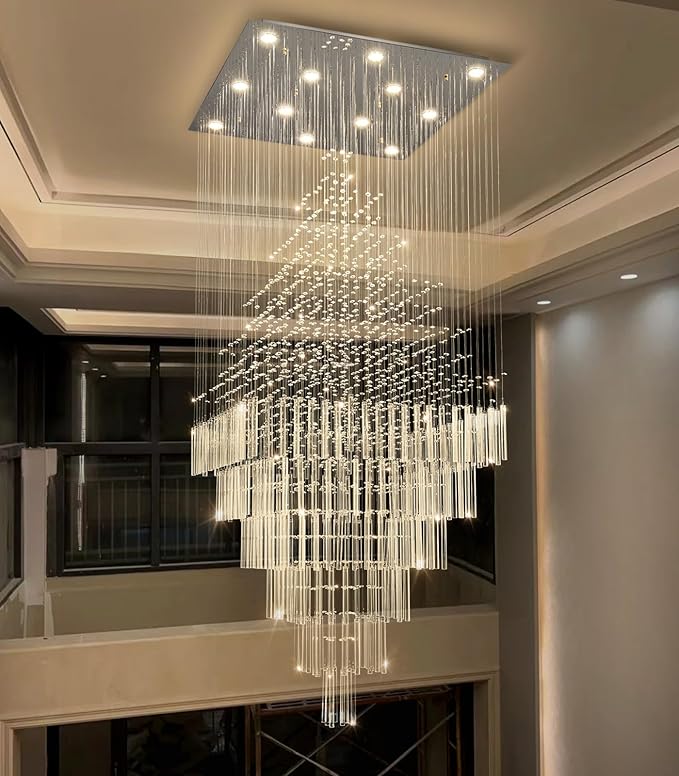 HAIXIANG W32 x H120 Glam Chandelier with LED Bulbs Square Chandeliers, Crystal Raindrop High Ceiling Pendant Light for Entrance Large Villa Chandelier Foyer Lighting Fixtures Silver