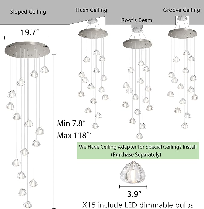 HAIXIANG LED Glam Chandelier 118 inches Long Light Luxury Crystal Ceiling Chandeliers Remote Dimmable High Ceiling Pendants Lighting Fixtures Brushed Nickel 15 Lights