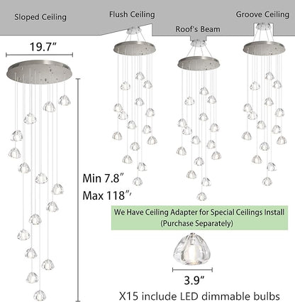 HAIXIANG LED Glam Chandelier 118 inches Long Light Luxury Crystal Ceiling Chandeliers Remote Dimmable High Ceiling Pendants Lighting Fixtures Brushed Nickel 15 Lights