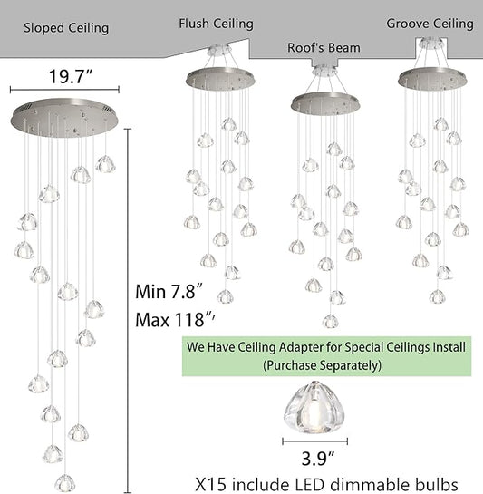 HAIXIANG LED Glam Chandelier 118 inches Long Light Luxury Crystal Ceiling Chandeliers Remote Dimmable High Ceiling Pendants Lighting Fixtures Brushed Nickel 15 Lights