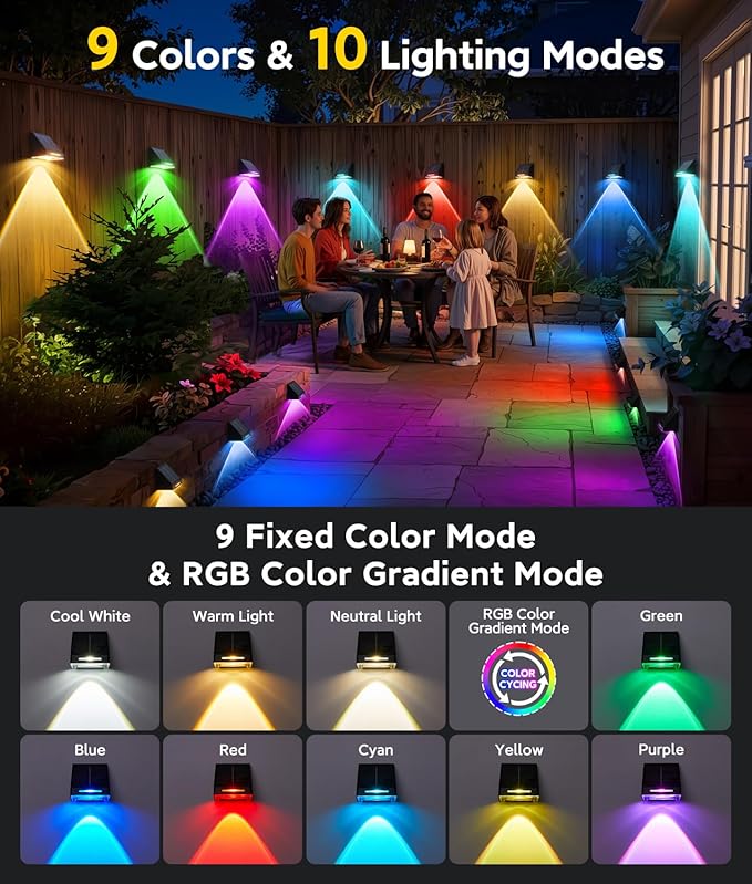 KOOPER Solar Fence Lights Outdoor Waterproof 10 Pack, Solar Fence Lights with Ultra-Bright LED Lens, 10 Modes & 9 Colors Outdoor Solar Lights for Fence, Backyard, Railing, Patio, Wall, Step, Deck