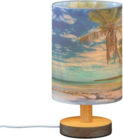 Table Lamp Tropical Beach White Sand Coconut Palm Tree Clear Blue Sky Ocean Nightstand Lamp with Wood Base Fabric Lamp Shade Bedside Desk Lamp for Living Room Bedroom Kids Room Office