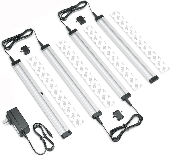 EShine Hand Wave Activated Under Cabinet LED Lighting Kit, Dimmable, 4-Pack 12 in - Touchless Dimming Control, Black Under Counter Lights for Kitchen, Garage, Shelf, Pantry - Cool White (6000K)