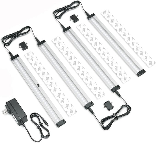 EShine Hand Wave Activated Under Cabinet LED Lighting Kit, Dimmable, 4-Pack 12 in - Touchless Dimming Control, Black Under Counter Lights for Kitchen, Garage, Shelf, Pantry - Cool White (6000K)