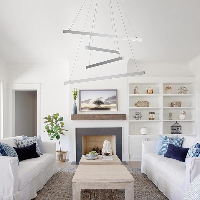 Modern 4-Light Dimmable LED Linear Chandelier Pendant Light, 6000K Cool White Adjustable Hanging Lighting Fixture for Kitchen Island, Dining Room, Office, Silver Metal Commercial Home Lighting