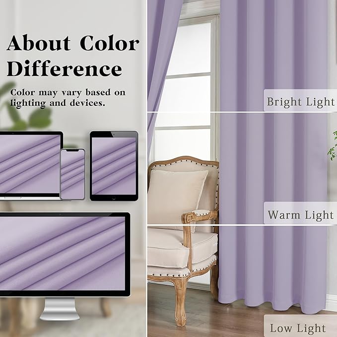 Simplebrand Lilac Room Darkening Curtains for Bedroom 63 Inch Length 2 Panels Set, Thermal Insulated Energy Saving Curtains for Kids Room, Grommet Solid Nursery Window Treatment Drapes, W40 x L63