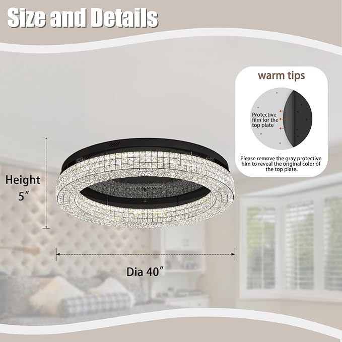 ykolupty 40'' Crystal Chandelier Light Fixture Large Chandelier for Living Room Crystal Flat Mounted Ceiling Lights Dining Room Bedroom Dimmable 2700-6000K (Black Chandeliers)
