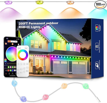 200ft RGB+ IC Permanent Outdoor Lights, Eaves Lights with 100 LED Lights, IP68 Waterproof, Music Sync with Remote Control for Garden Party Decor, Deck, Christmas with Cool White