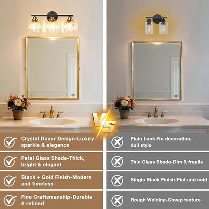 TALOYA Bathroom Vanity Light Fixtures, 3-Light Modern Black and Gold Wall Lights Over Mirror with Gradient Amber Tulip Glass Shades Bathroom Wall Lamp for Mirror, Living Room,Hallway, Farmhouse