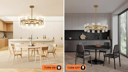 Modern 24 Inch Gold Crystal Wagon Wheel Chandelier, Large Round 24-Light Pendant Lighting Fixture, Adjustable Height for High Ceilings Living Room, Dining Room, Foyer, Entryways (gold-24in)