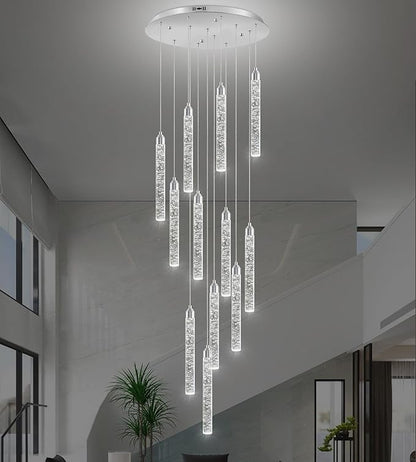 Crystal Staircase Chandelier, Modern Chrome Large Spiral Dimmable LED Cluster Raindrop Foyer Chandelier Lighting, Bubble Living Room Hanging Light Fixture 12 Light Remote Control