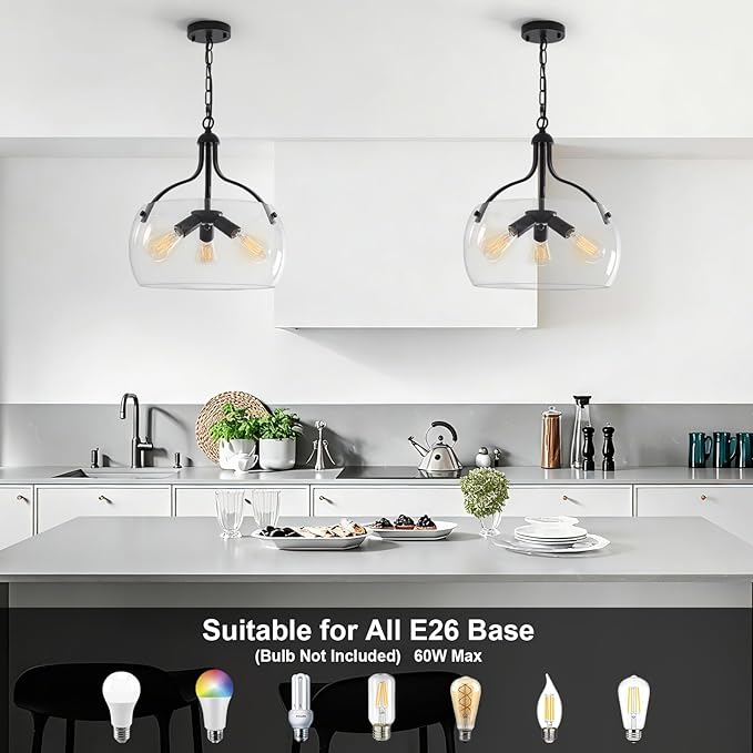 3-Lights Modern Pendant Lights Kitchen Island, Matte Black Hanging Light Fixtures with 15.8" Clear Glass Shade, Industrial Hanging Chandelier for Kitchen Entryway Bedroom Foyer