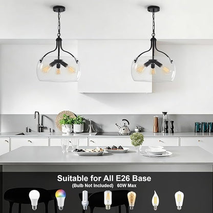 3-Lights Modern Pendant Lights Kitchen Island, Matte Black Hanging Light Fixtures with 15.8" Clear Glass Shade, Industrial Hanging Chandelier for Kitchen Entryway Bedroom Foyer