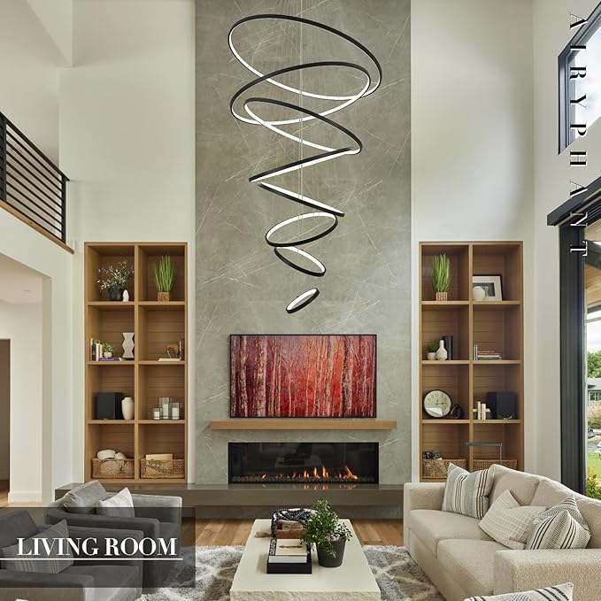 Modern Big LED Chandeliers 8-Ring Big LED Chandelier for High Ceiling with Remote Control Hanging Height Adjustable Max 98" Long Chandelier for Foyer Living Room Entry Staircase 135W