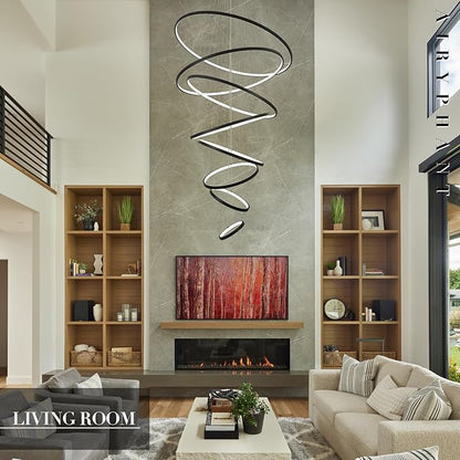 Modern Big LED Chandeliers 8-Ring Big LED Chandelier for High Ceiling with Remote Control Hanging Height Adjustable Max 98" Long Chandelier for Foyer Living Room Entry Staircase 135W