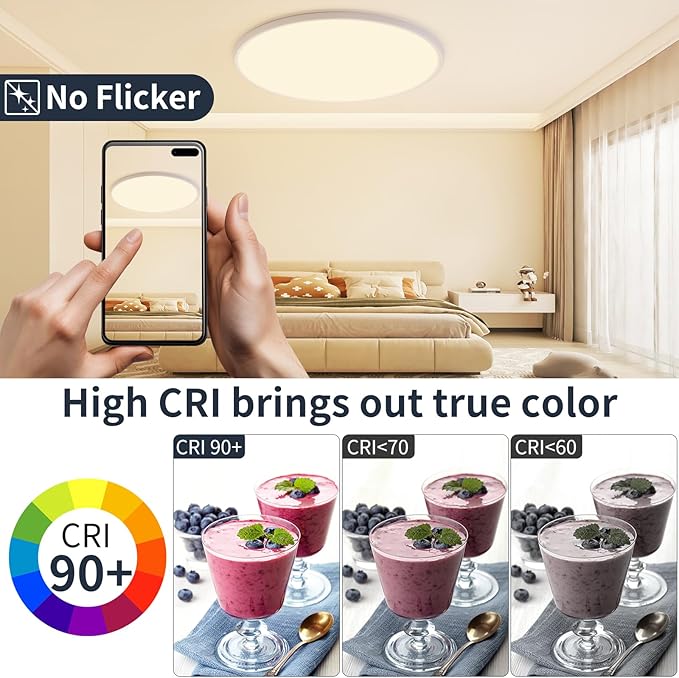 20 Inch Flush Mount Ceiling Light with Remote, 45W Dimmable LED Fixture 4500LM, 3000K-6500K Adjustable, Round Ceiling Lamp for Bedroom, Kitchen, Living Room, Dining Room, Bathroom, White