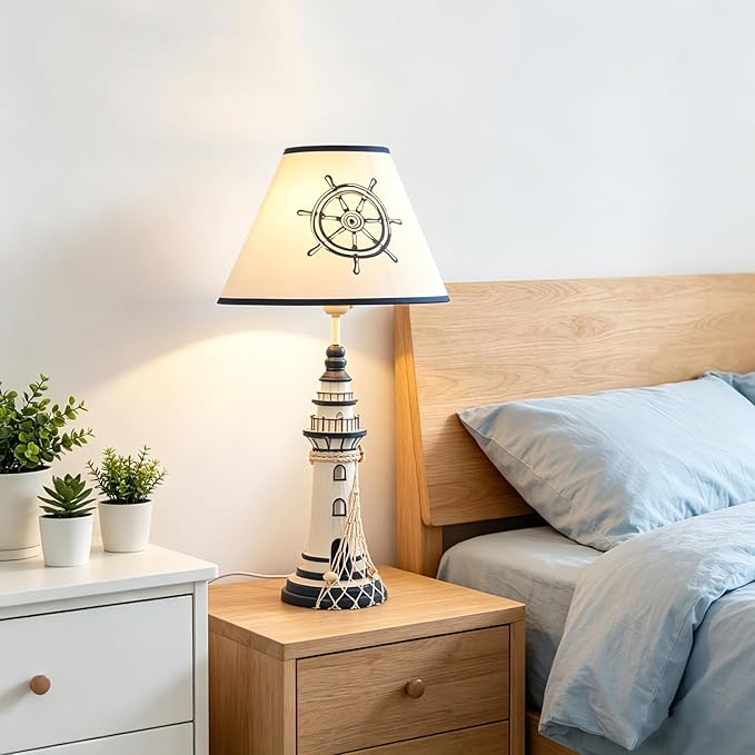 LITFAD Modern Bedside Table Lamp 1 Light Lighthouse LED Reading Light Nautical Style Resin Desk Lamp in Blue for Bedroom Kids Room Office - Rudder