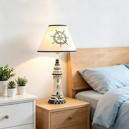 LITFAD Modern Bedside Table Lamp 1 Light Lighthouse LED Reading Light Nautical Style Resin Desk Lamp in Blue for Bedroom Kids Room Office - Rudder