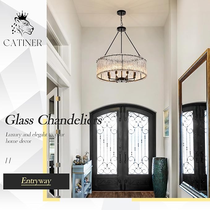 CATINER Modern Drum Chandelier 24.4" Black Crystal Glass Chandeliers 8-Light Luxury Ceiling Pendant Lighting Fixture for Dining Room Foyer Living Room Bedroom