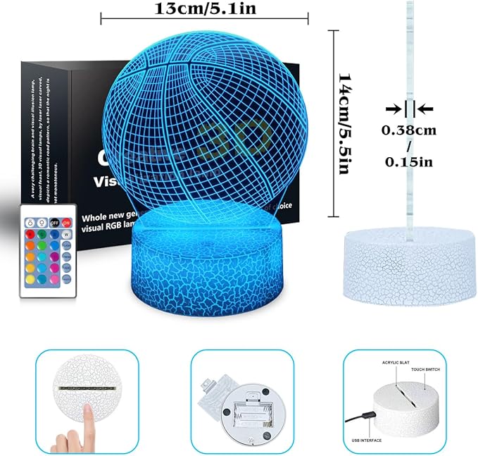 Basketball Night Light Gifts for Kids,3D Illusion16 Color Change Decor Bedside Lamp with Remote and Smart Touch,Gifts for Christmas Birthday Boys Men Girls