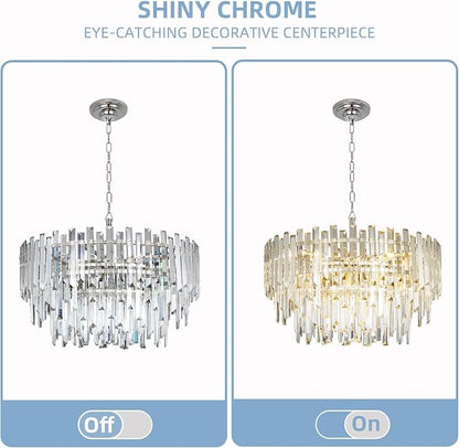 24" Modern Crystal Chandelier, 3-Tier Chrome Pendant Light with 8 Lights, Luxury K9 Crystal Ceiling Fixture for Dining Room Living Room Foyer