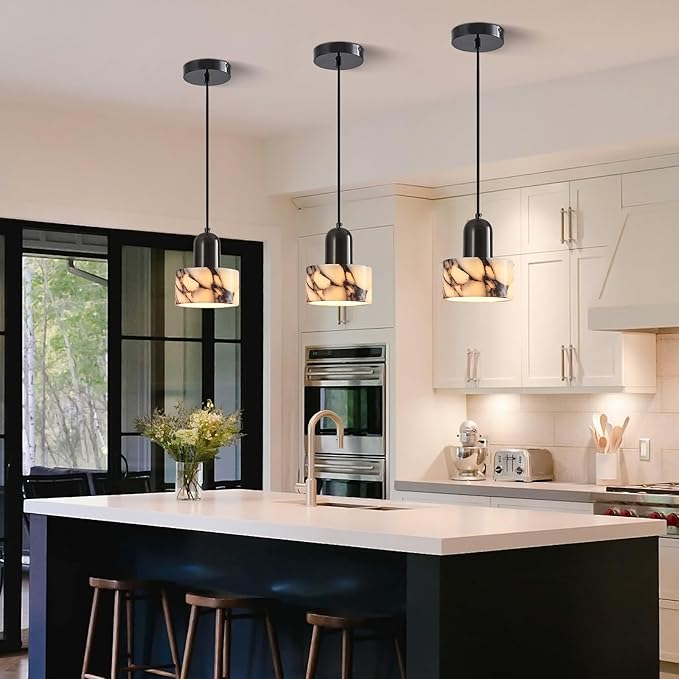 Natural Stone Pendant Lights Kitchen Island, Black Pendant Light Fixtures, Pendant lamp Marble Cylinder Shade Brass with Black Rubbed Gold Finish for Bedroom Bathroom Dining Room Living Room