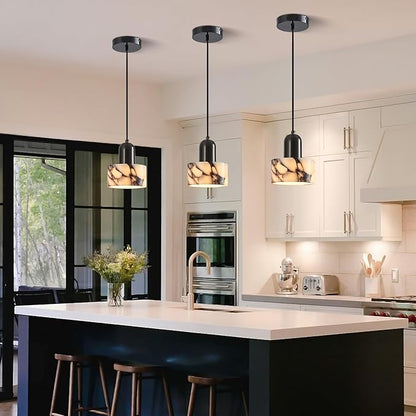 Natural Stone Pendant Lights Kitchen Island, Black Pendant Light Fixtures, Pendant lamp Marble Cylinder Shade Brass with Black Rubbed Gold Finish for Bedroom Bathroom Dining Room Living Room