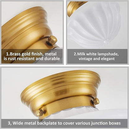youngrender Schoolhouse Light Fixture Gold, 9" Modern Mid Century Semi Flush Mount Ceiling Light with Opal Milk Glass Shade for Bedroom, Kitchen, Dining Room, Bathroom, Hallway, Stairway, Entryway