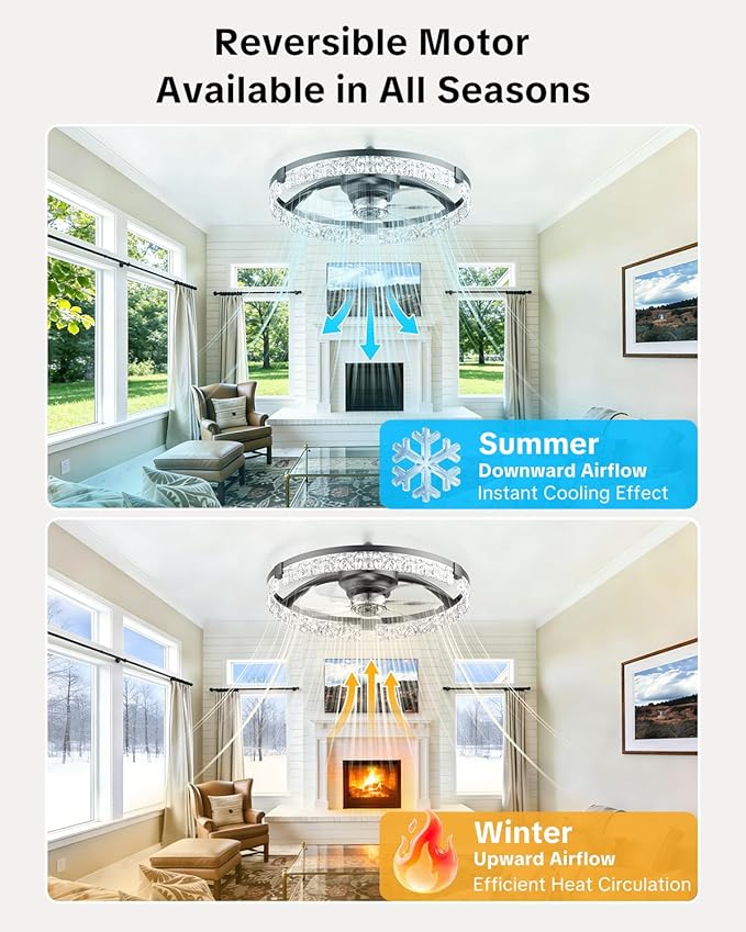 AIKVSXER 20" Low Profile Ceiling Fan with Light and Remote, Dimmable LED Flush Mount Ceiling Fan, 6 Speeds, White Modern Design for Bedroom/Living Room （Black-Crystal）