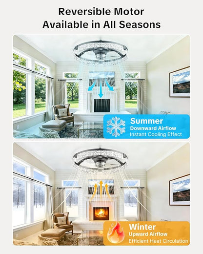 AIKVSXER 20" Low Profile Ceiling Fan with Light and Remote, Dimmable LED Flush Mount Ceiling Fan, 6 Speeds, White Modern Design for Bedroom/Living Room （Black-Crystal）