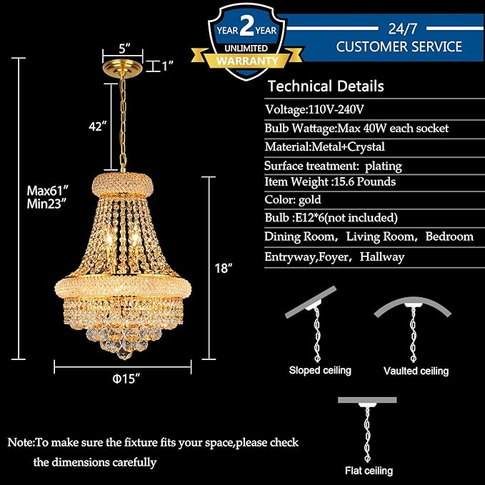 Crystal Chandeliers for Dining Room Light Fixtures Over Table, Empire Style K9 Crystal Chandelier for Living Room, 6 Lights Gold Luxury Lighting Fixtures for Bedroom Kitchen Island Entryway D15 Inch