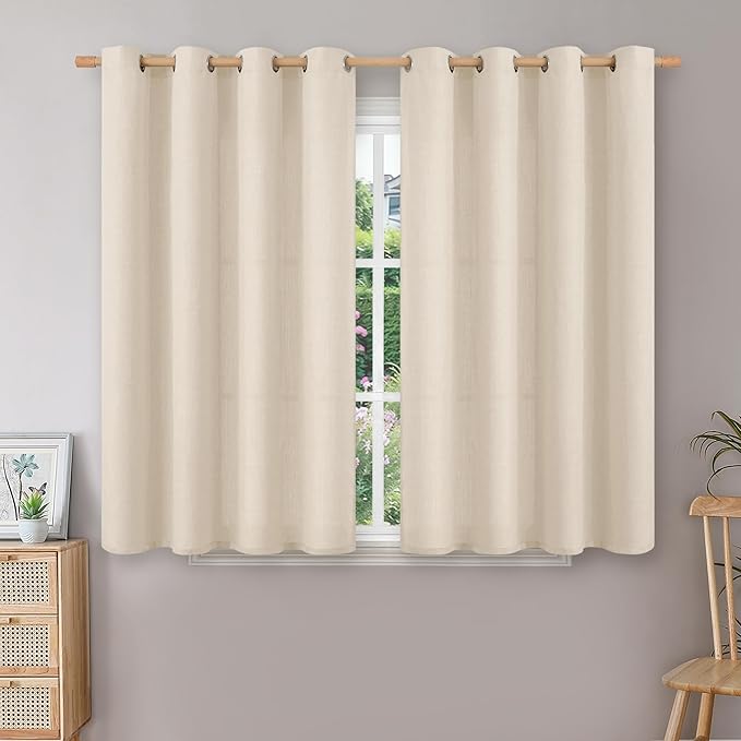 BGment Short Curtains for Bedroom,54 inch Length Faux Linen Curtains for Small Window Grommet Non-See Through Privacy Light Filtering Burlap Textured Kitchen Window,2 Panels,52 x 54 Inch,Light Beige